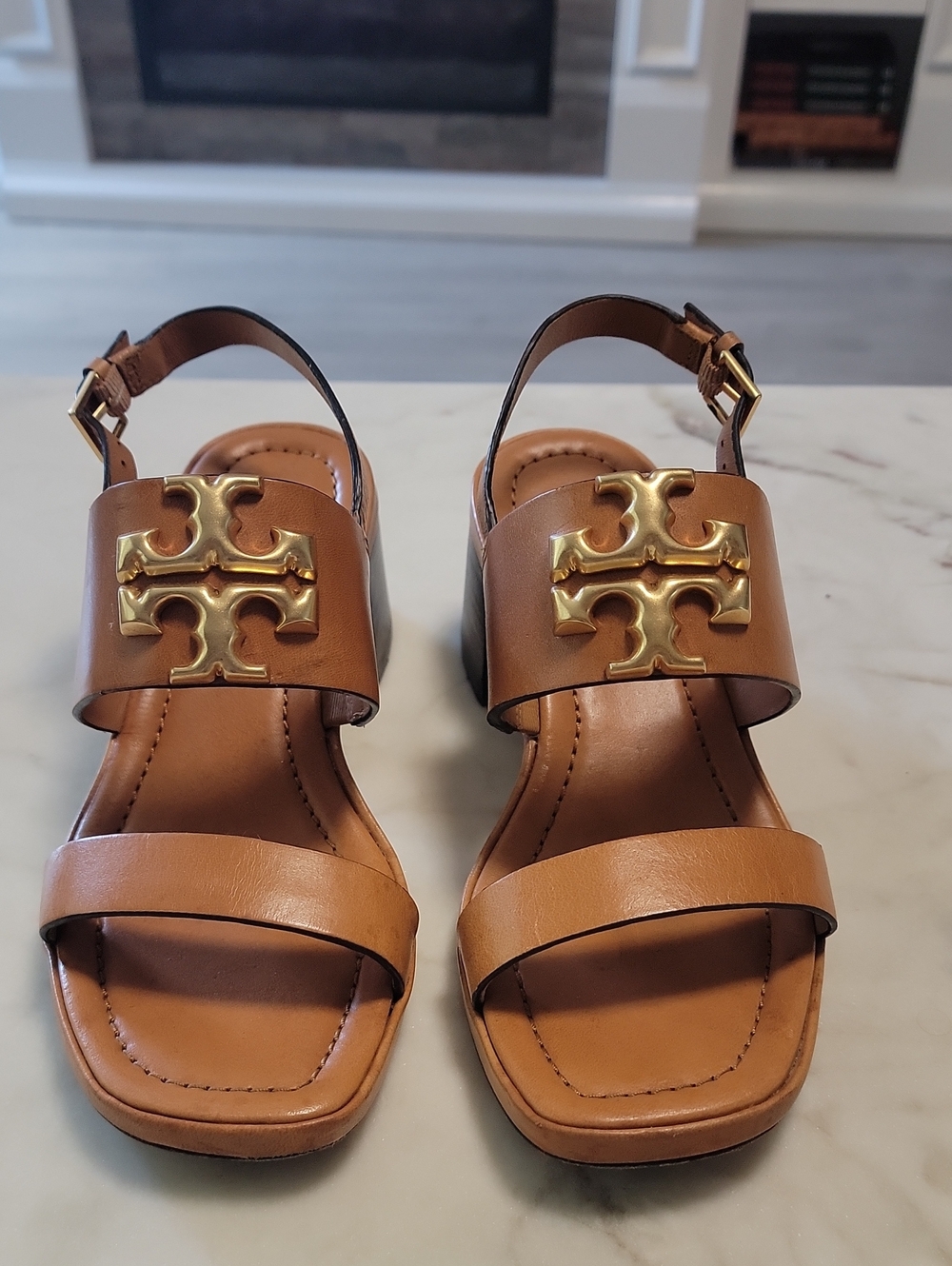 Tory Burch Brown Leather Platform Sandals with Gold Logo Accent